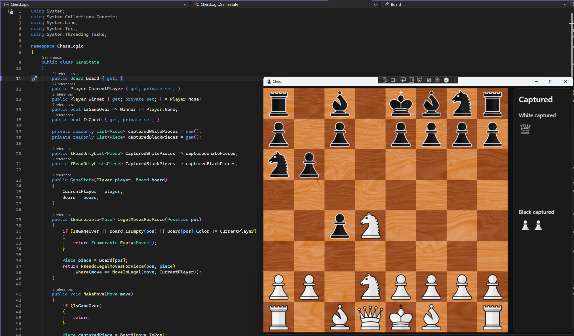 C# Chess Application UI showing a WPF chessboard with captured pieces and move highlighting.