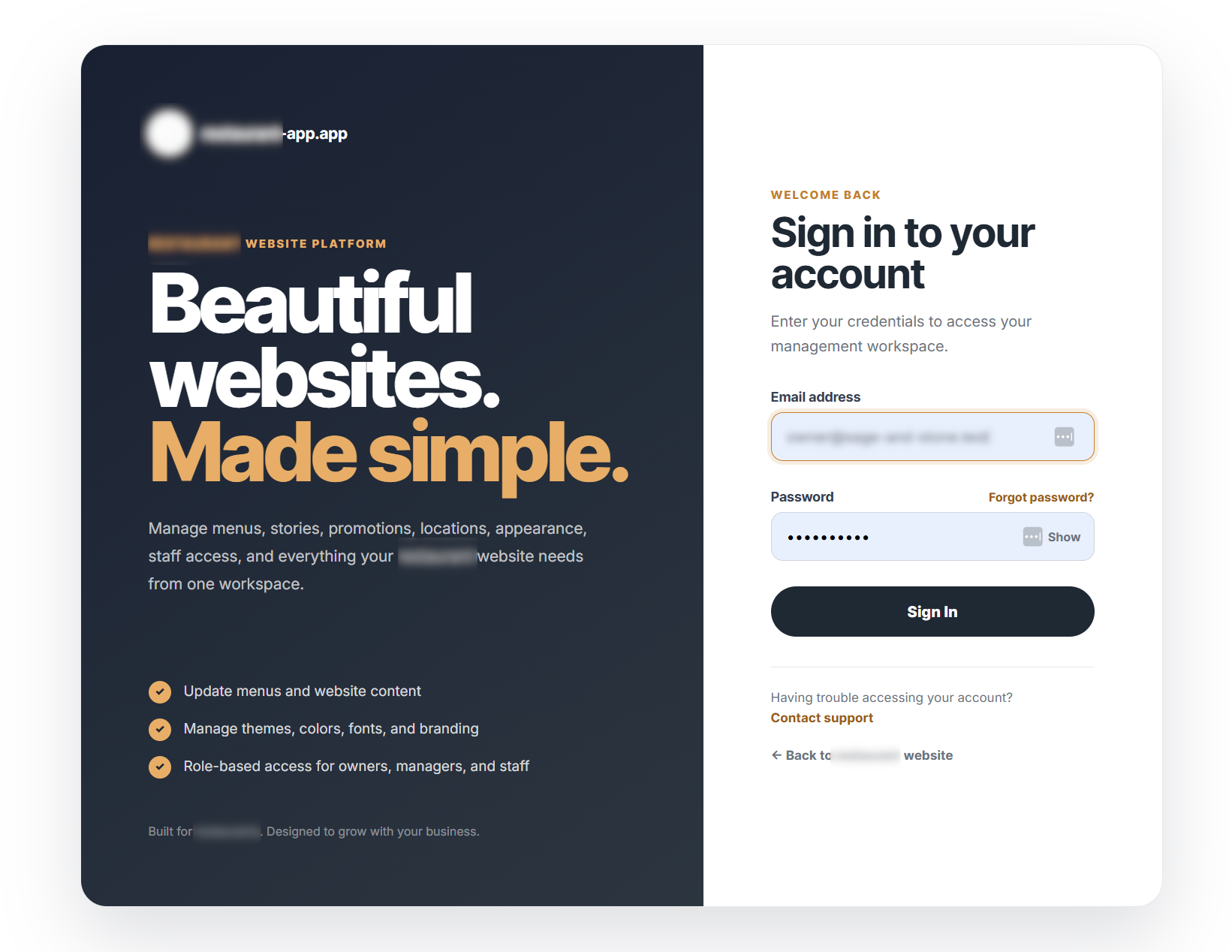 Graphic shows the login screen of the SaaS CMS that is currently in development.