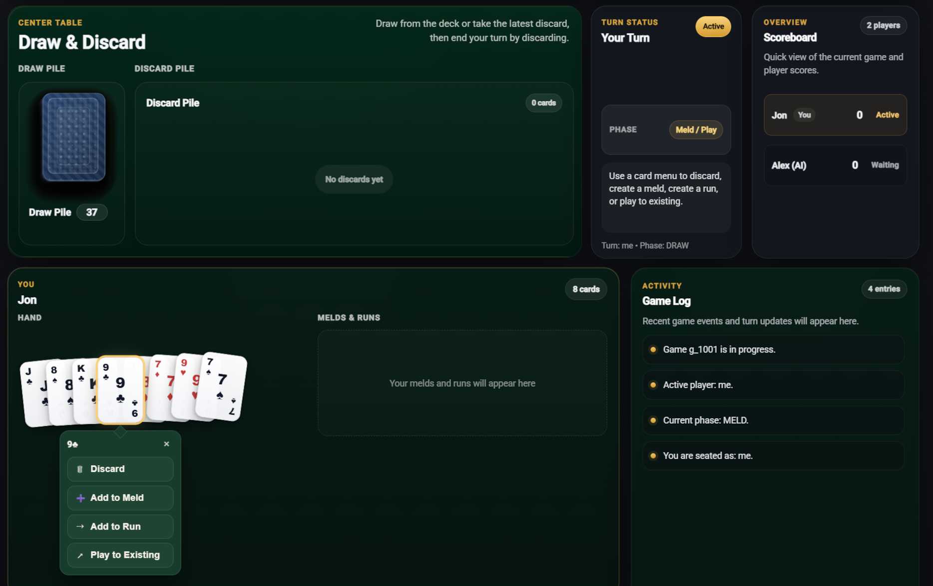 Shows the action card menu with options to discard, add-to-meld, add-to-run, or play-to-existing