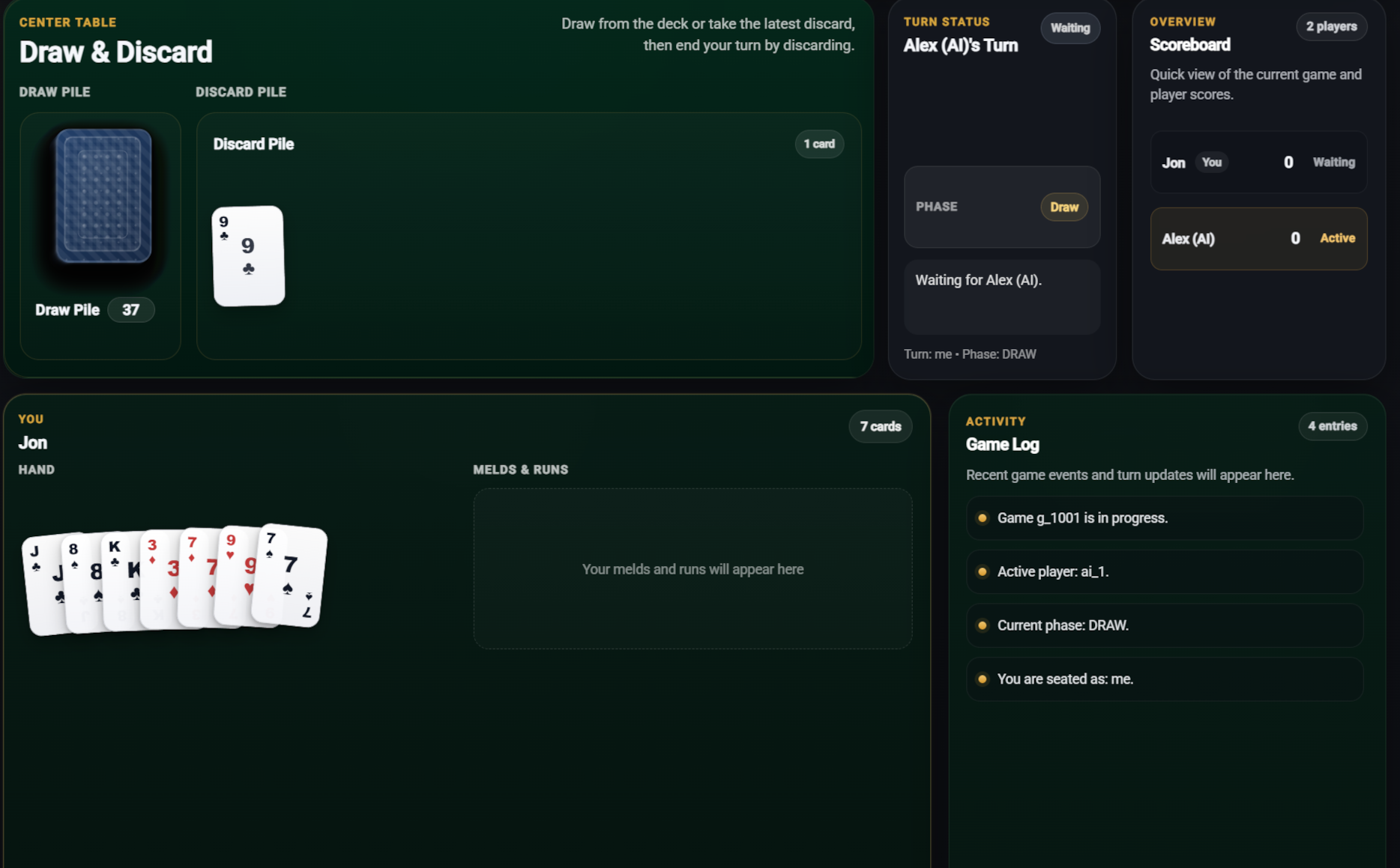 Shows the discard pile after one play has been made with the top card being a 9 of clubs.