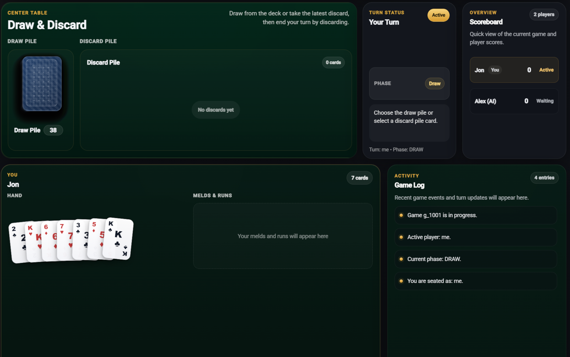 Game start overview with player hand and card layout