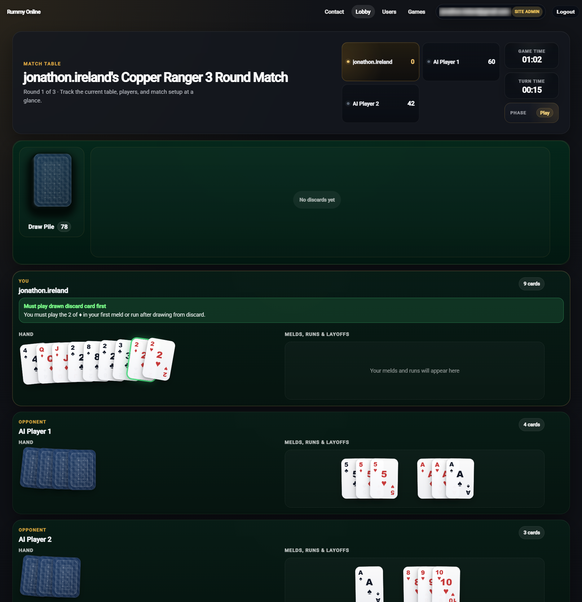 Rummy.green three-player match showing the required drawn discard card highlighted in the player hand